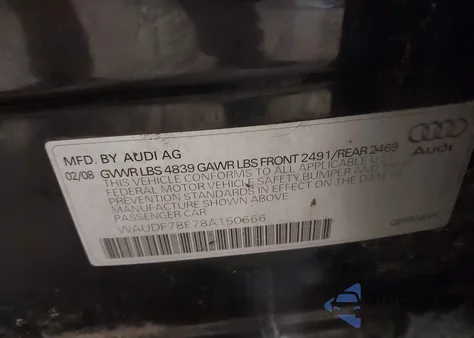 2008 Audi A4 2.0T/2.0T Special Edition z USA, uszkodzony, nr VIN WAUDF78E78A150666